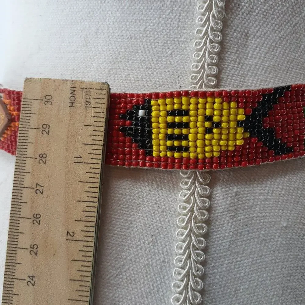 CDE Women's Beaded Fish Multicolored Belt Leather Boho Red White Blue size 28
